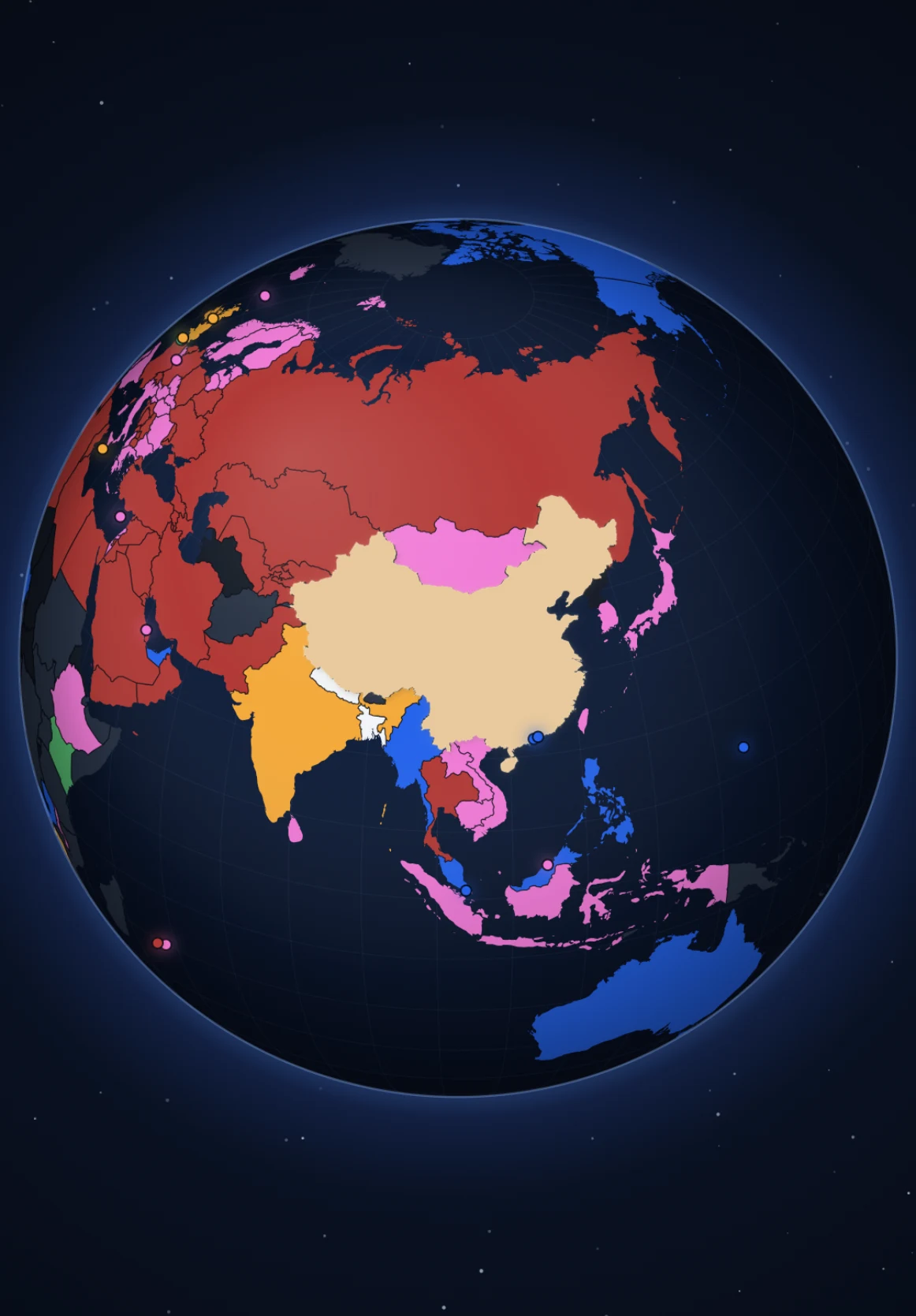 A globe with each country colored by its most-played game on Playlin