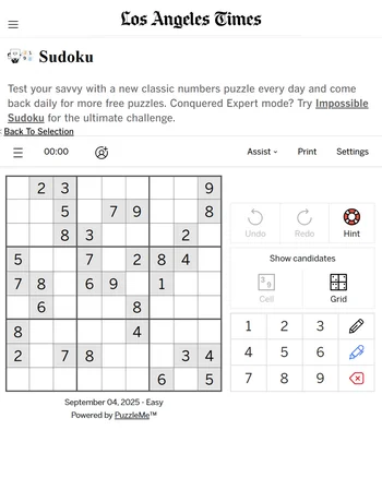 L.A. Times Sudoku screenshot