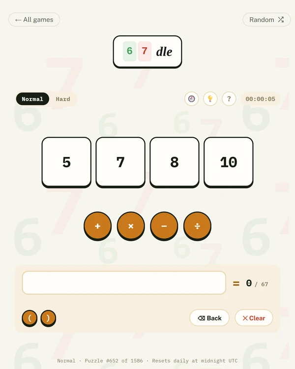 Screenshot of 67dle - The 67 Number Game, a daily math game
