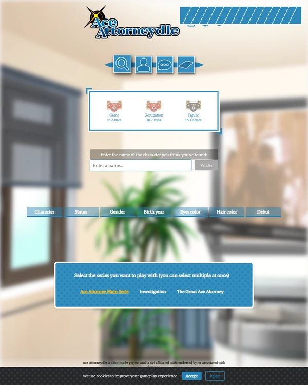 Screenshot of Ace Attorneydle: Guess, a daily fandom game