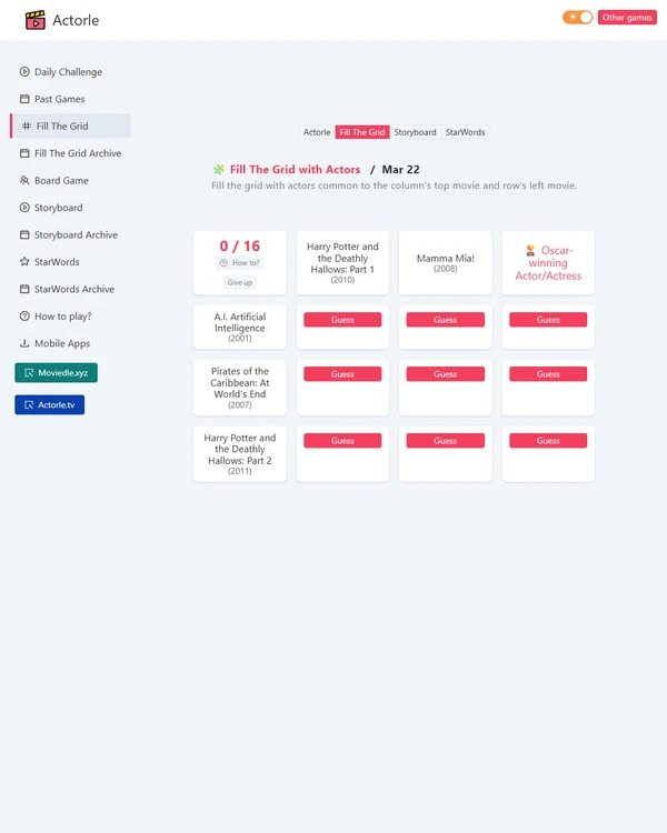 Screenshot of Actorle - Fill The Grid, a daily pop culture game