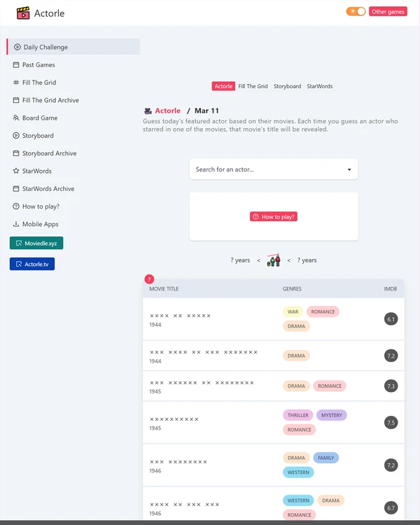 Screenshot of Actorle, a daily pop culture game