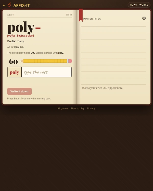 Screenshot of Affix-It, a daily word game