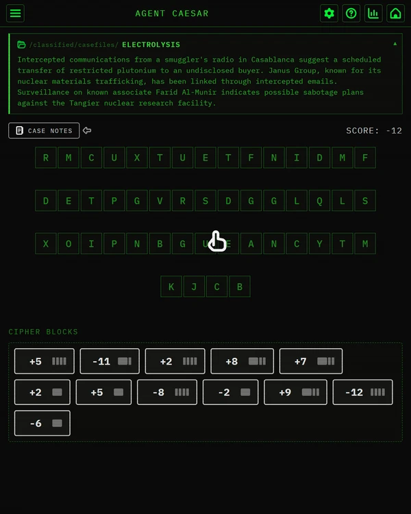 Screenshot of Agent Caesar, a daily logic game