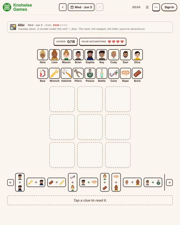 Screenshot of Alibi, a daily logic game