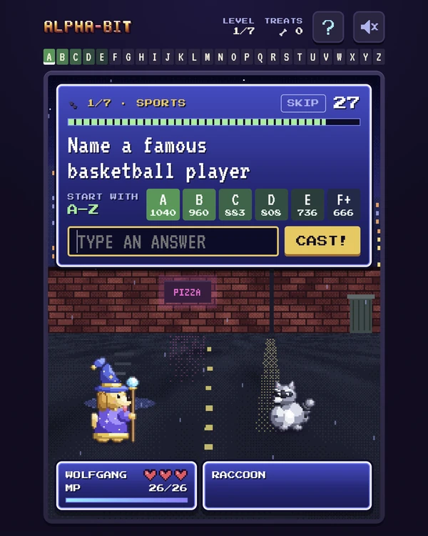 Screenshot of Alpha-Bit, a daily trivia game