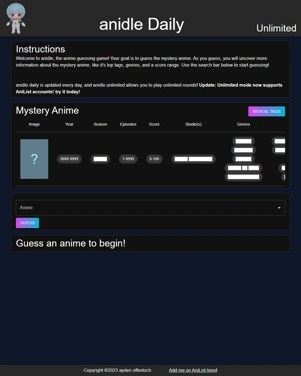 Screenshot of Anidle, a daily anime game