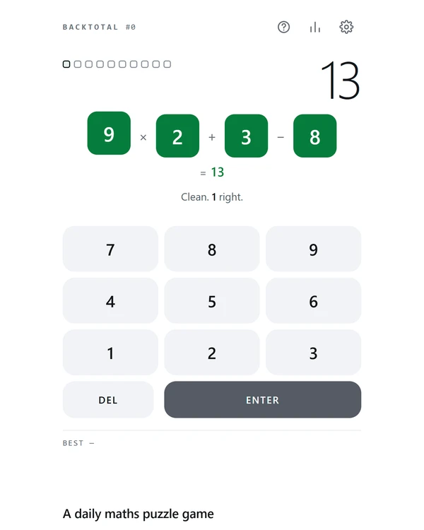 Screenshot of Backtotal, a daily math game