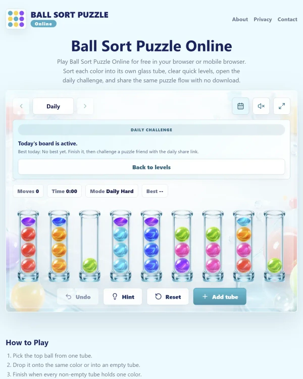 Screenshot of Ball Sort Puzzle, a daily visual game