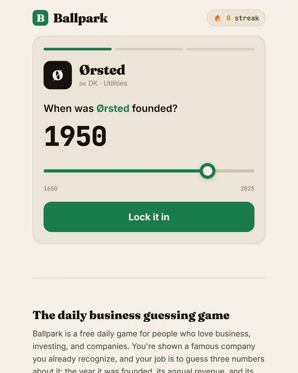 Screenshot of Ballpark, a daily trivia game