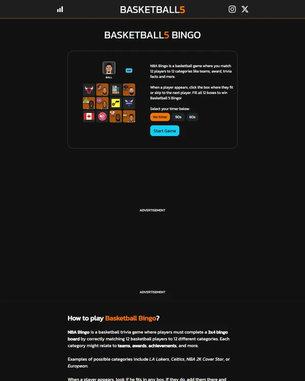 Screenshot of Basketball5 Bingo, a daily sports game