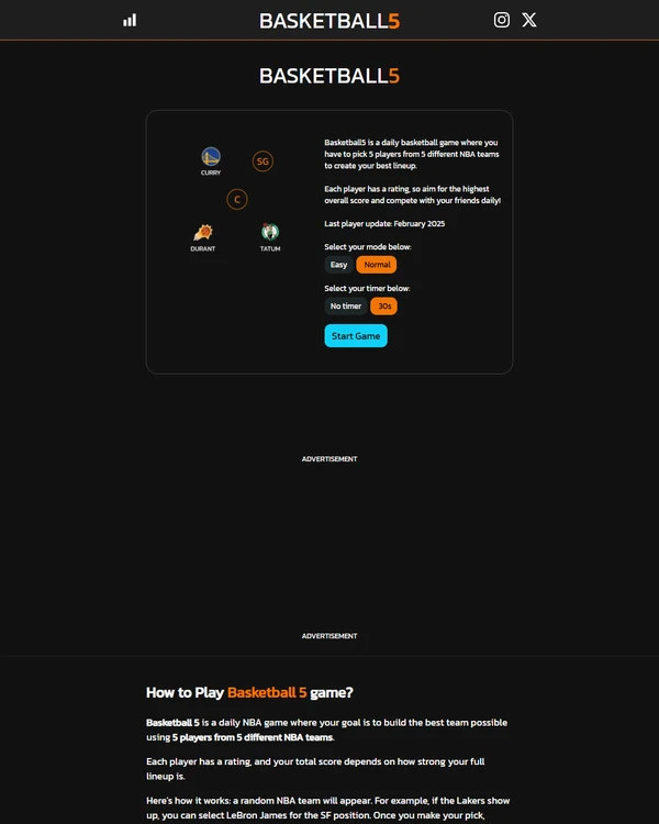 Screenshot of Basketball5, a daily sports game