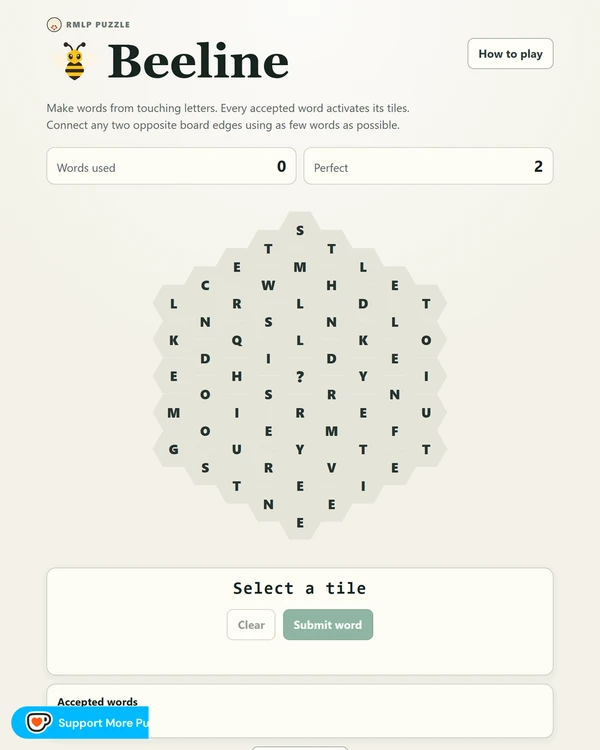 Screenshot of Beeline, a daily word game