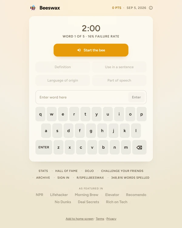Screenshot of Beeswax, a daily word game