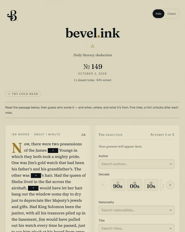 Screenshot of Bevel, a daily trivia game