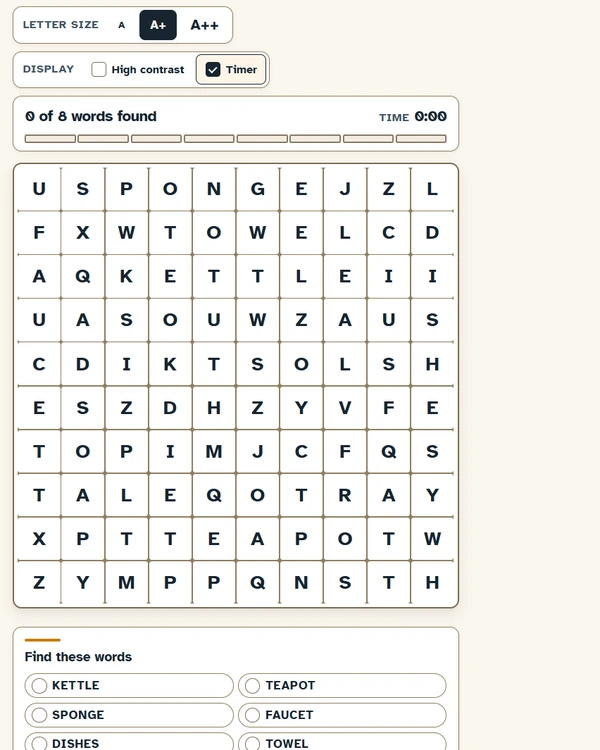 Screenshot of Big Print Games Word Search, a daily word game