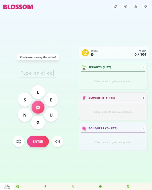 Screenshot of Blossom Word, a daily word game