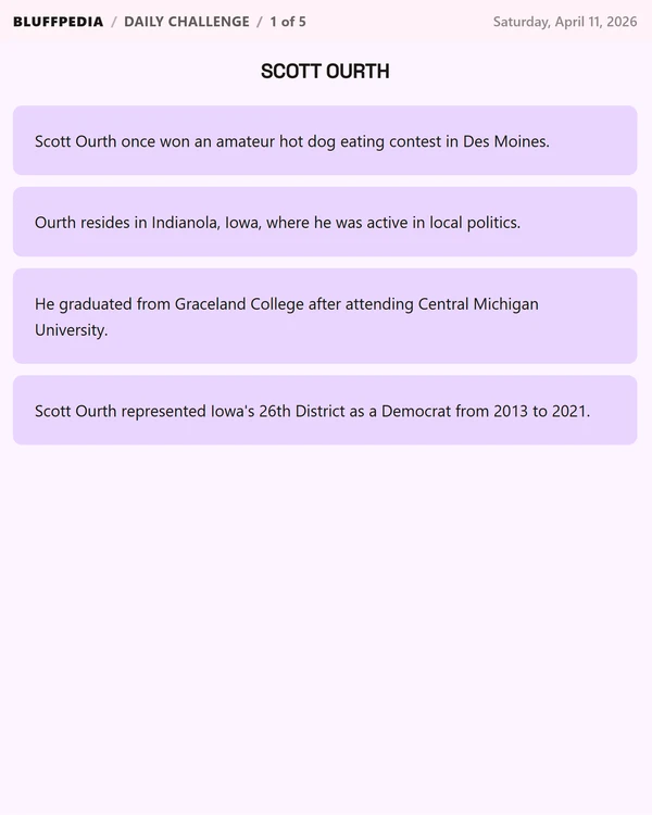 Screenshot of Bluffpedia, a daily trivia game