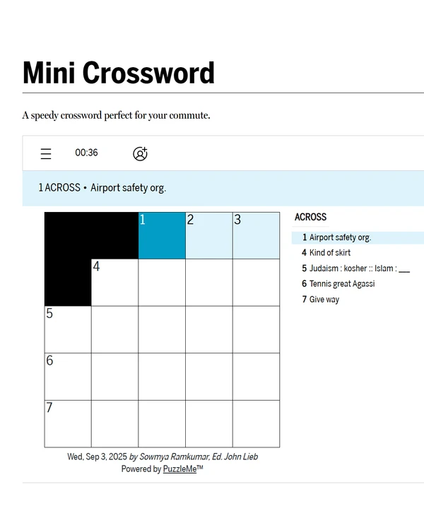 Screenshot of Boston Globe Mini Crossword, a daily word game