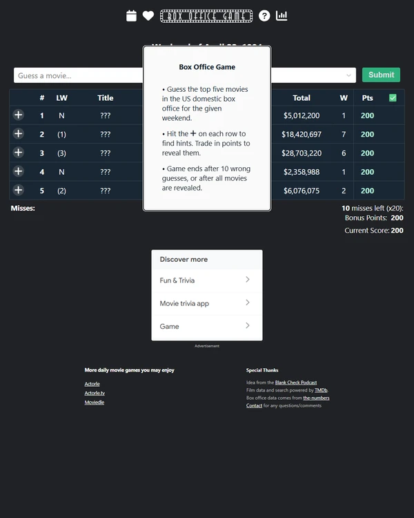 Screenshot of Box Office Game, a daily pop culture game