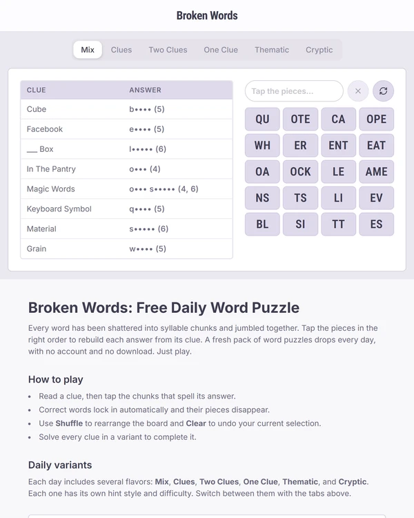 Screenshot of Broken Words, a daily word game