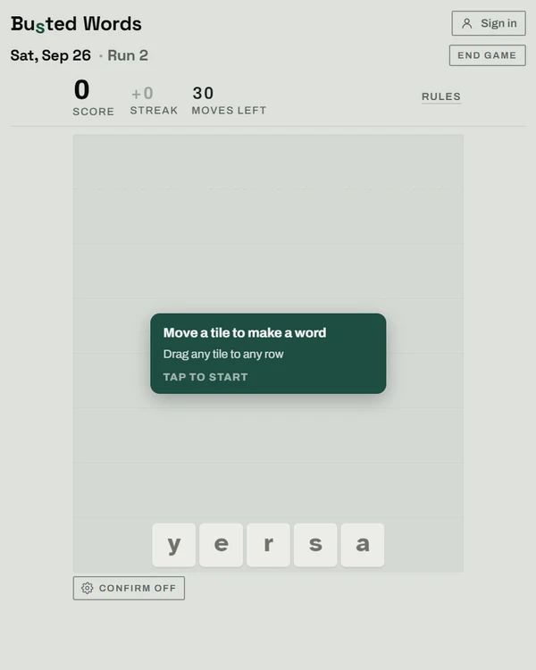 Screenshot of Busted Words, a daily word game