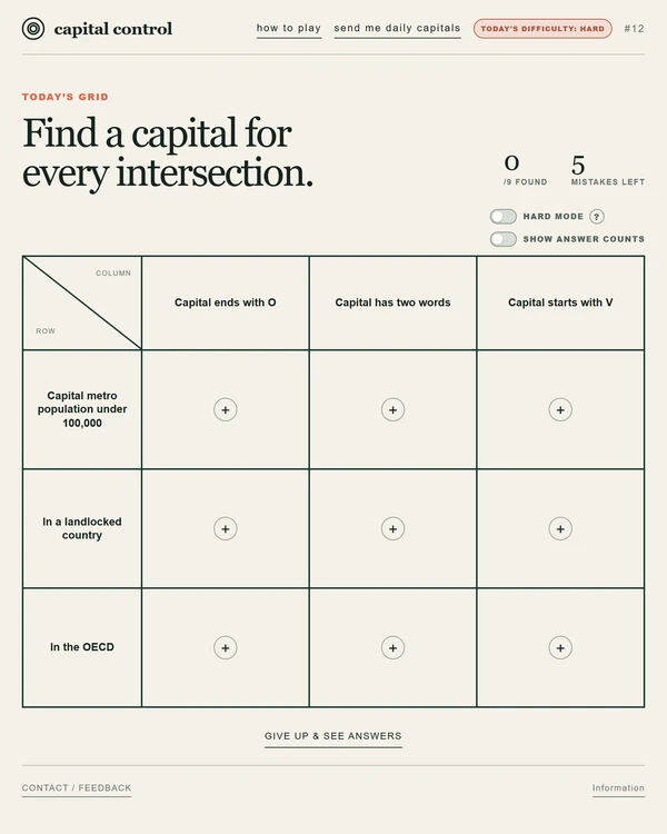 Screenshot of Capital Control, a daily geography game