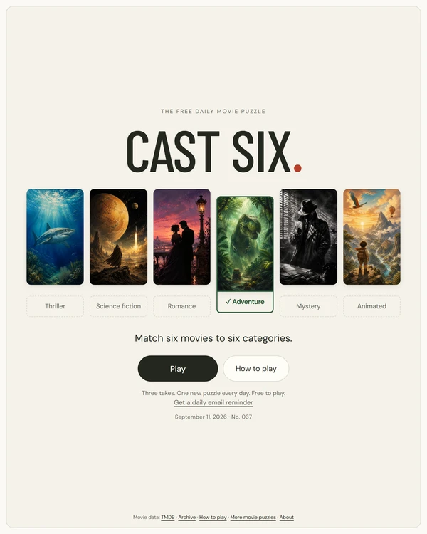 Screenshot of Cast Six, a daily pop culture game