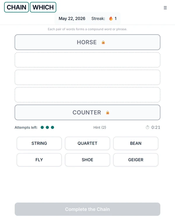 Screenshot of ChainWhich, a daily word game