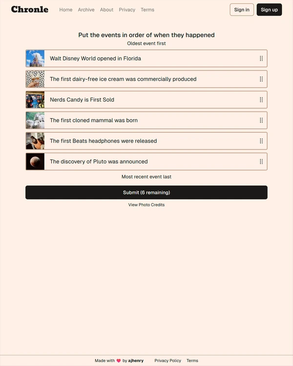 Screenshot of Chronle, a daily logic game