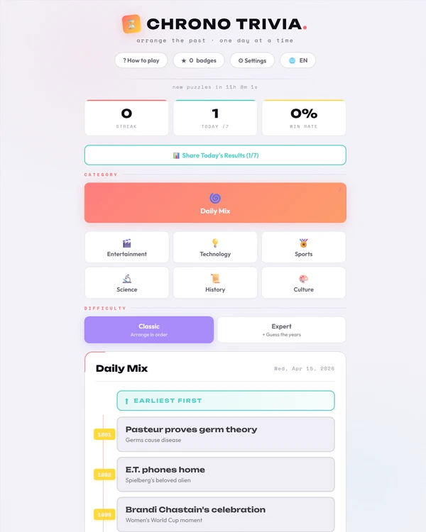 Screenshot of Chrono Trivia, a daily trivia game
