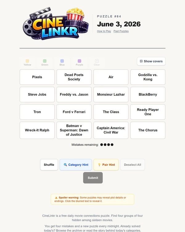 Screenshot of CineLinkr, a daily pop culture game