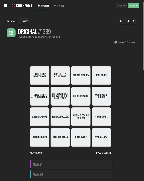 Screenshot of CineNerdle, a daily pop culture game