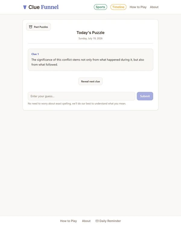 Screenshot of Clue Funnel, a daily trivia game