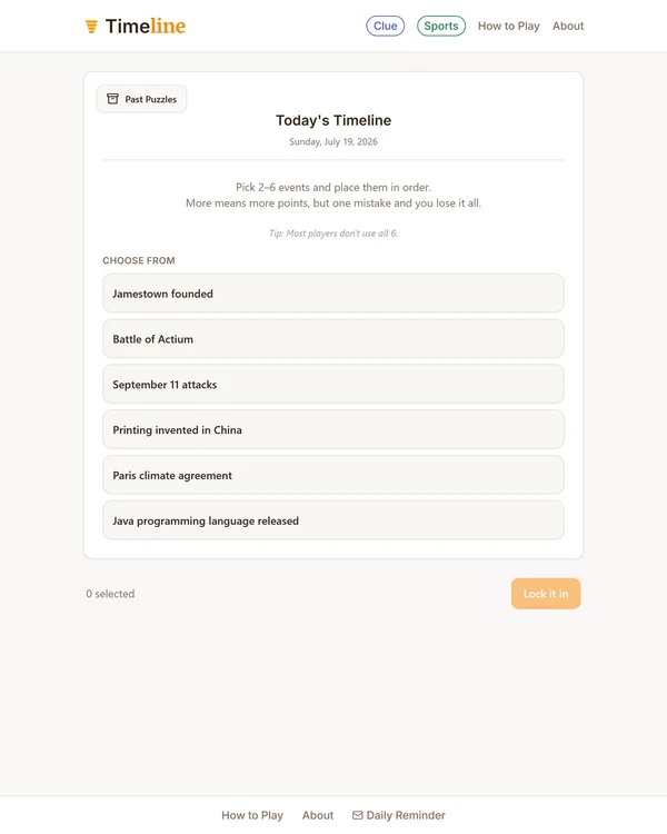 Screenshot of Clue Funnel Timeline, a daily trivia game