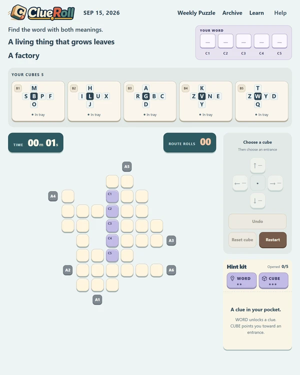 Screenshot of ClueRoll, a daily word game
