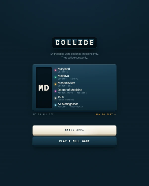 Screenshot of COLLIDE, a daily trivia game