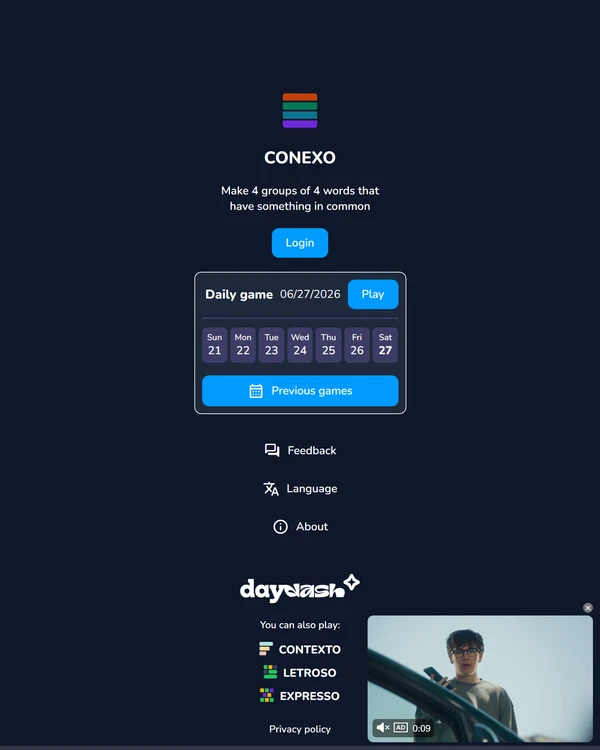 Screenshot of Conexo, a daily connections-style game