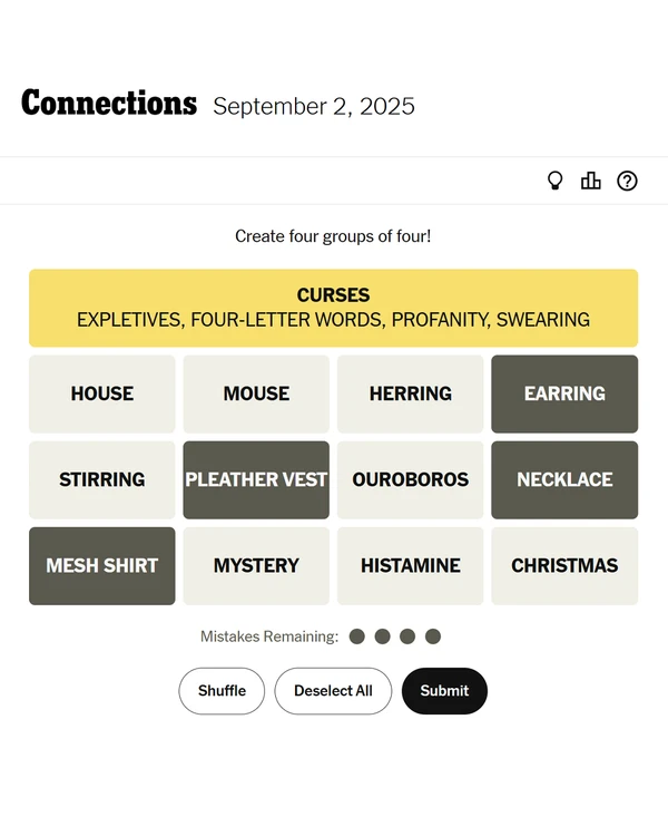 Screenshot of Connections, a daily word game