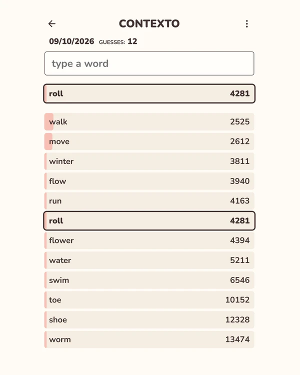 Screenshot of Contexto, a daily word game