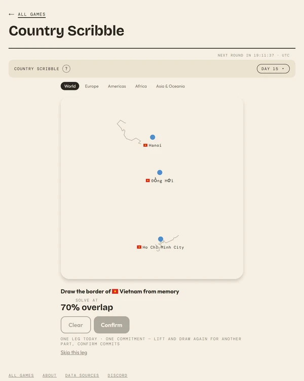Screenshot of Country Scribble, a daily geography game