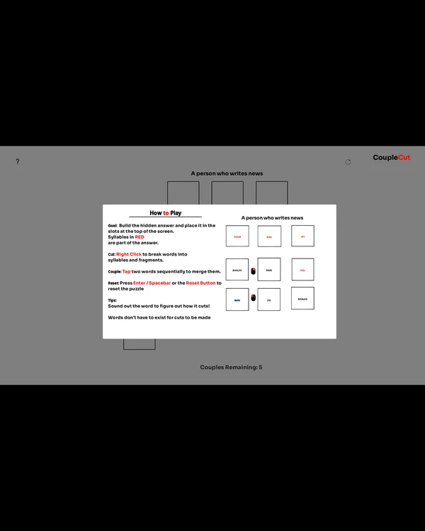 Screenshot of CoupleCut, a daily word game