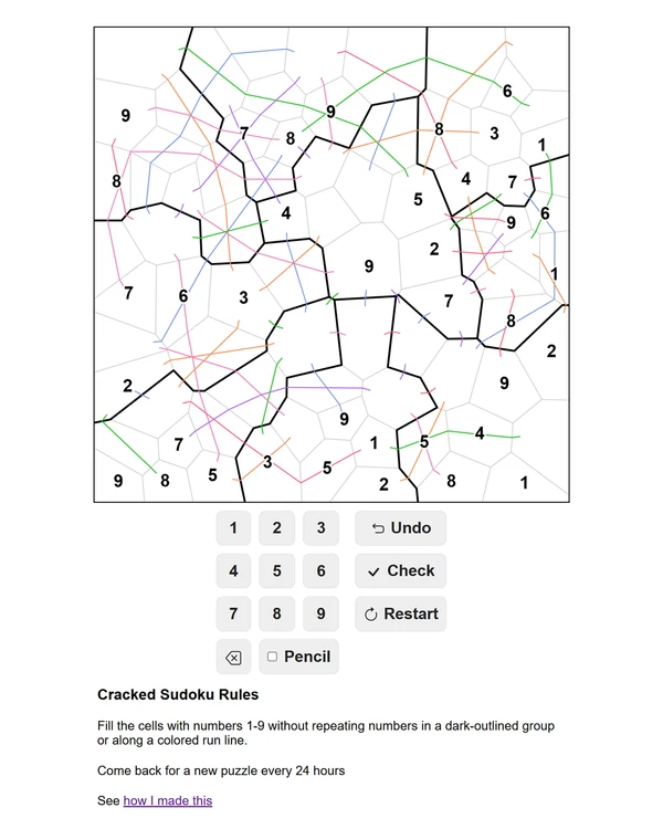 Screenshot of Cracked Sudoku, a daily logic game