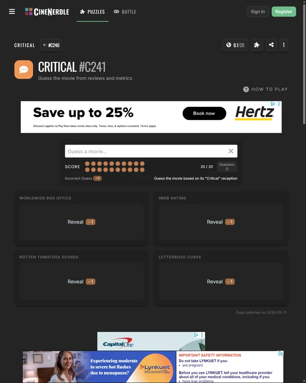 Screenshot of Critical, a daily pop culture game