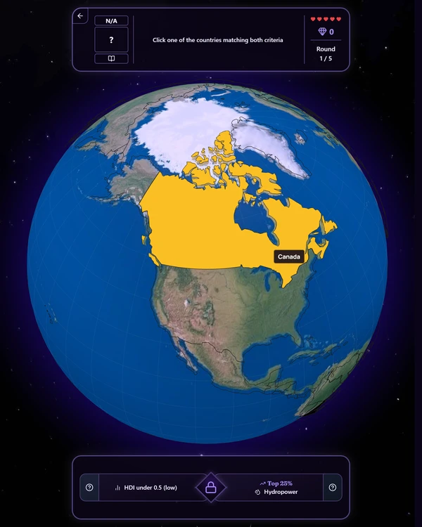 Screenshot of CrossMapQuest, a daily geography game