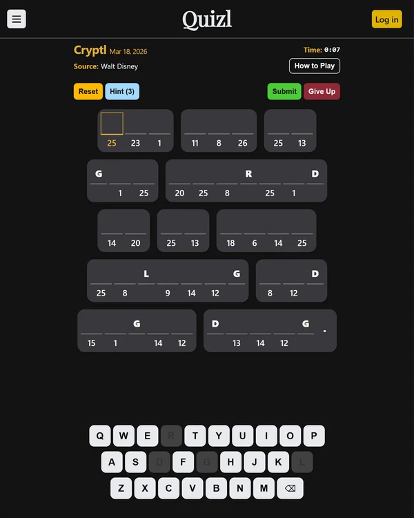 Screenshot of Cryptl, a daily logic game