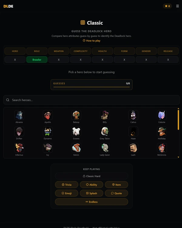 Screenshot of Daily Deadlock, a daily fandom game