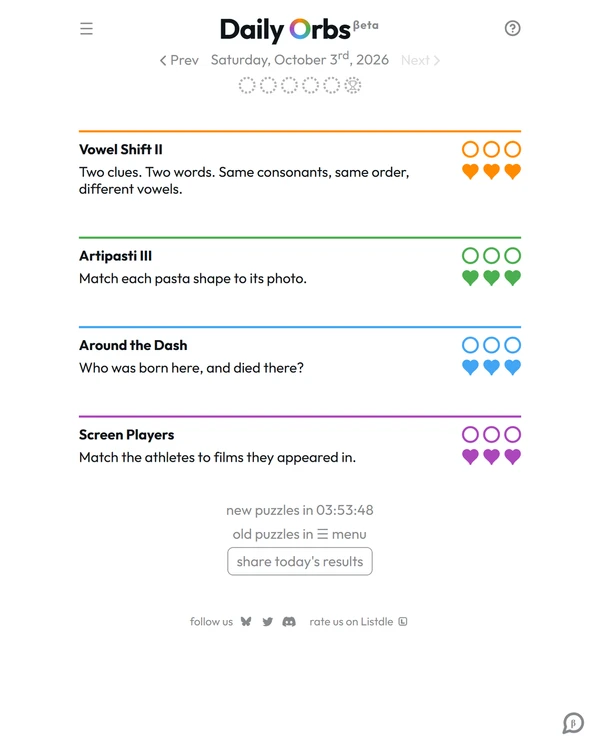 Screenshot of Daily Orbs, a daily trivia game