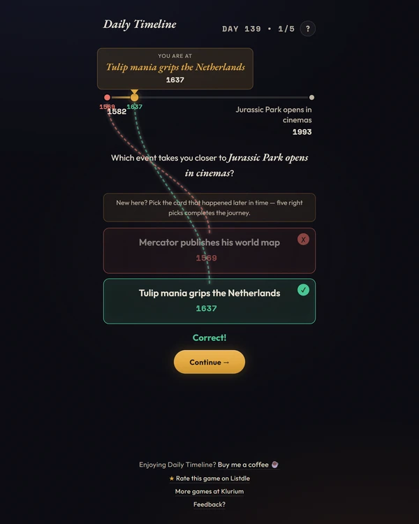 Screenshot of Daily Timeline, a daily trivia game