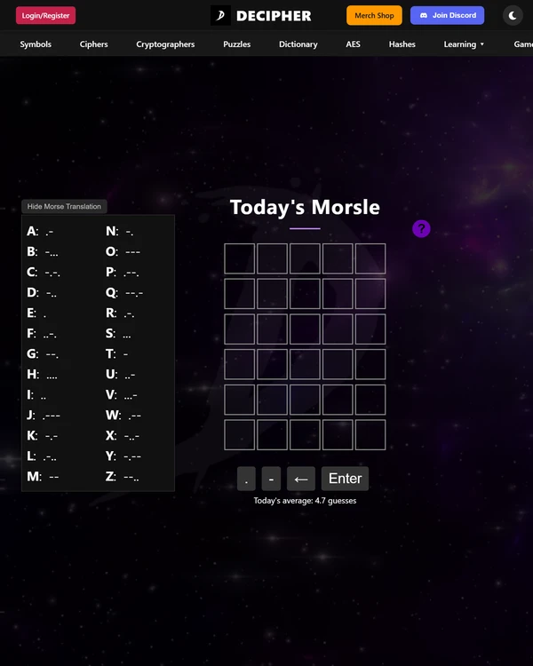 Screenshot of DECIPHER Morsle, a daily word game